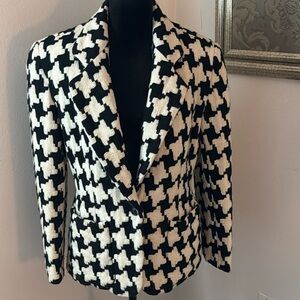 DKNY Donna Karan black ivory houndstooth tweed 100# wool blazer sport coat L/12